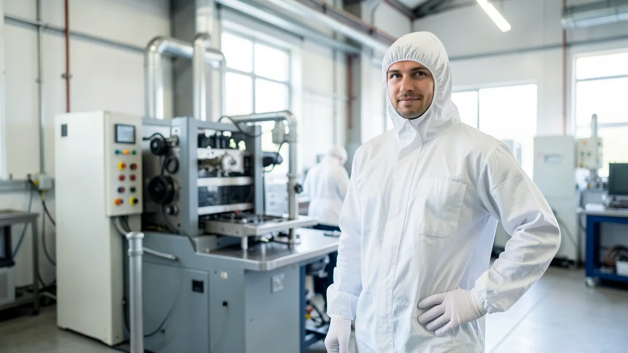 Fachkraft in Schutzkleidung steht in einer hellen Industriehalle neben einer modernen Maschinenstation, im Hintergrund sind Metallleitungen und Bedienfelder zu sehen, scharfer Fokus mit Tiefenschärfe.